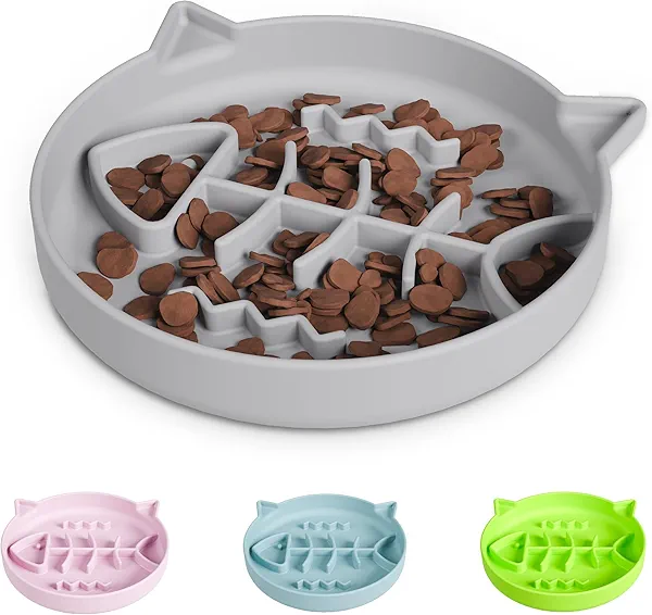 Slowpaw Silicone Cat Slow Feeder Bowl with Suction Cups - Interactive Puzzle Toy to Reduce Overeating in Kitty(Gray, 1 Cup)
