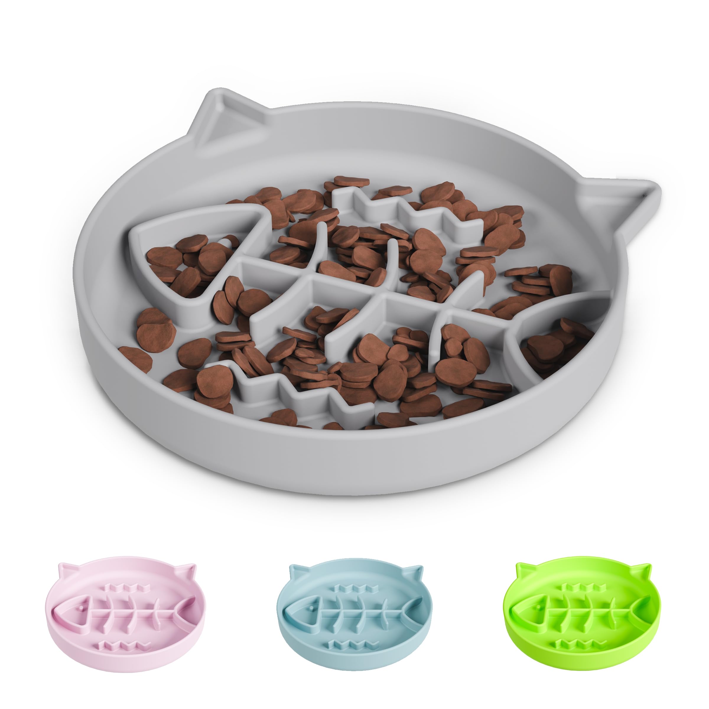 Slowpaw Silicone Cat Slow Feeder Bowl with Suction Cups - Interactive Puzzle Toy to Reduce Overeating in Kitty(Gray, 1 Cup)
