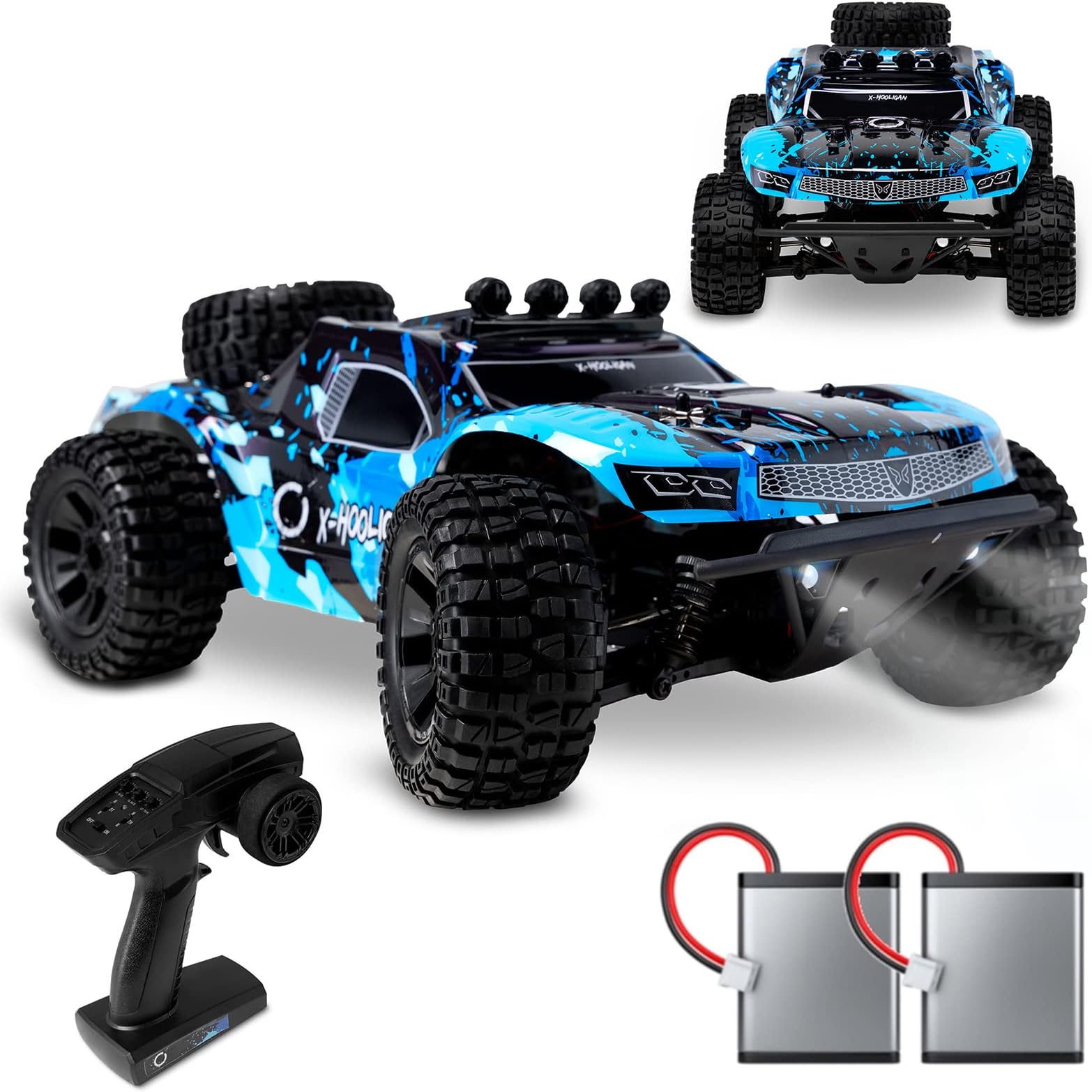 OvermaxX-Hooligan Remote Control Car with 2 Batteries Monster Truck RC Speed up to 50km/h Range up to 100meters 4x4 traction 40 Minutes without charging Oil-Spring suspension USB Lights Solid body