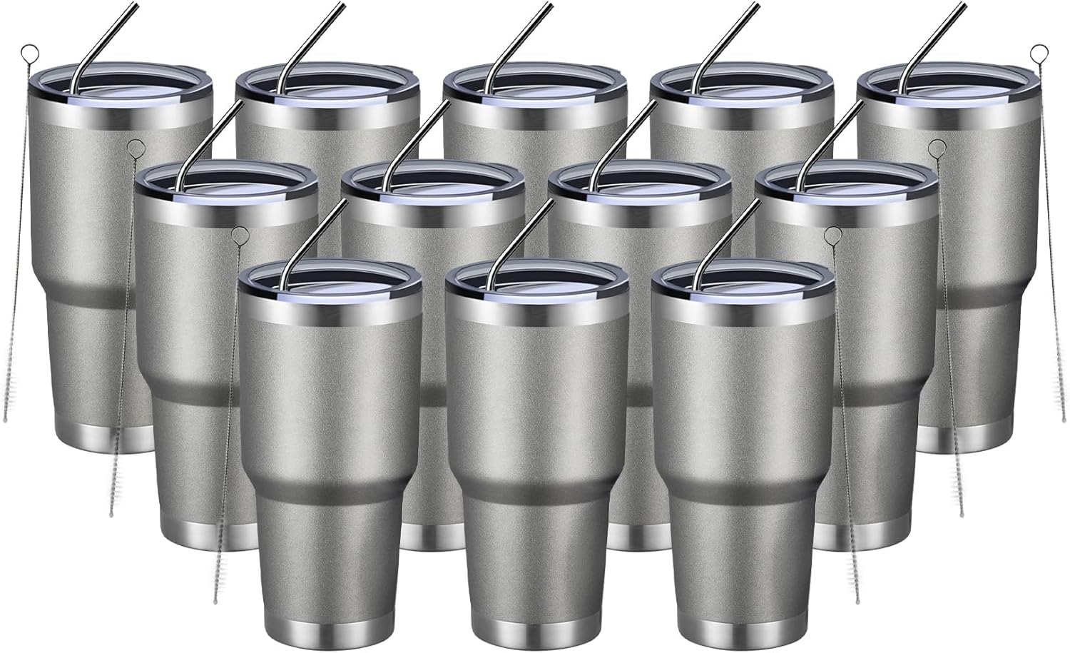 MEWAY 30oz Insulated Tumbler With Lids and Straws,Stainless Steel Double Vacuum Coffee Tumbler Cup, Brush, Durable Powder Coated Coffee Cup for Cold & Hot Drinks, Office, Travel(Cold Grey,12 PACK)