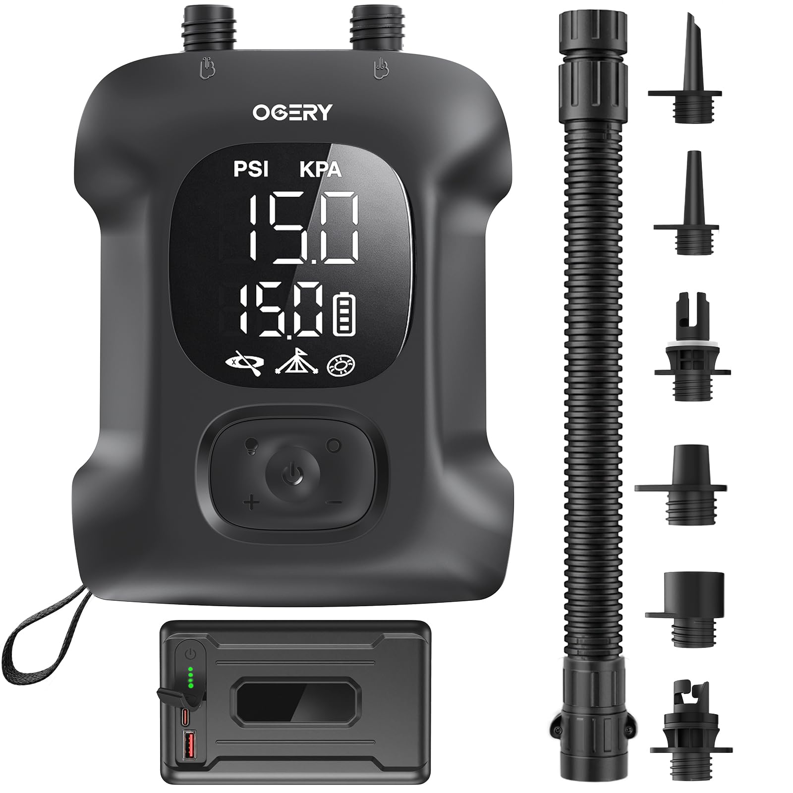 Photo 1 of OGERY Paddle Board Electric Pump, Inflates 4.5 SUPs Long-Lasting Battery, 20PSI SUP Pump Auto-Off Dual Stage Fast Inflation & Deflation, Cordless Rechargeable Air Pump for SUP Kayak Boat Tent