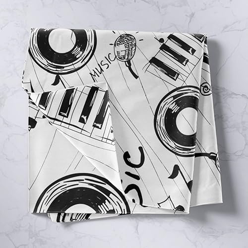 Miniatura 2 de Tapiz con temática musical en blanco y negro para niños, manta musical de pared para adolescentes, micrófono de música retro, discos de vinilo,