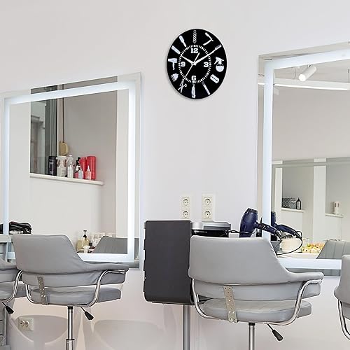 Miniatura 8 de CIGERA Reloj de pared de estilista de 12 pulgadas con esfera de herramientas de peluquería, movimiento de cuarzo silencioso y funciona con pilas,