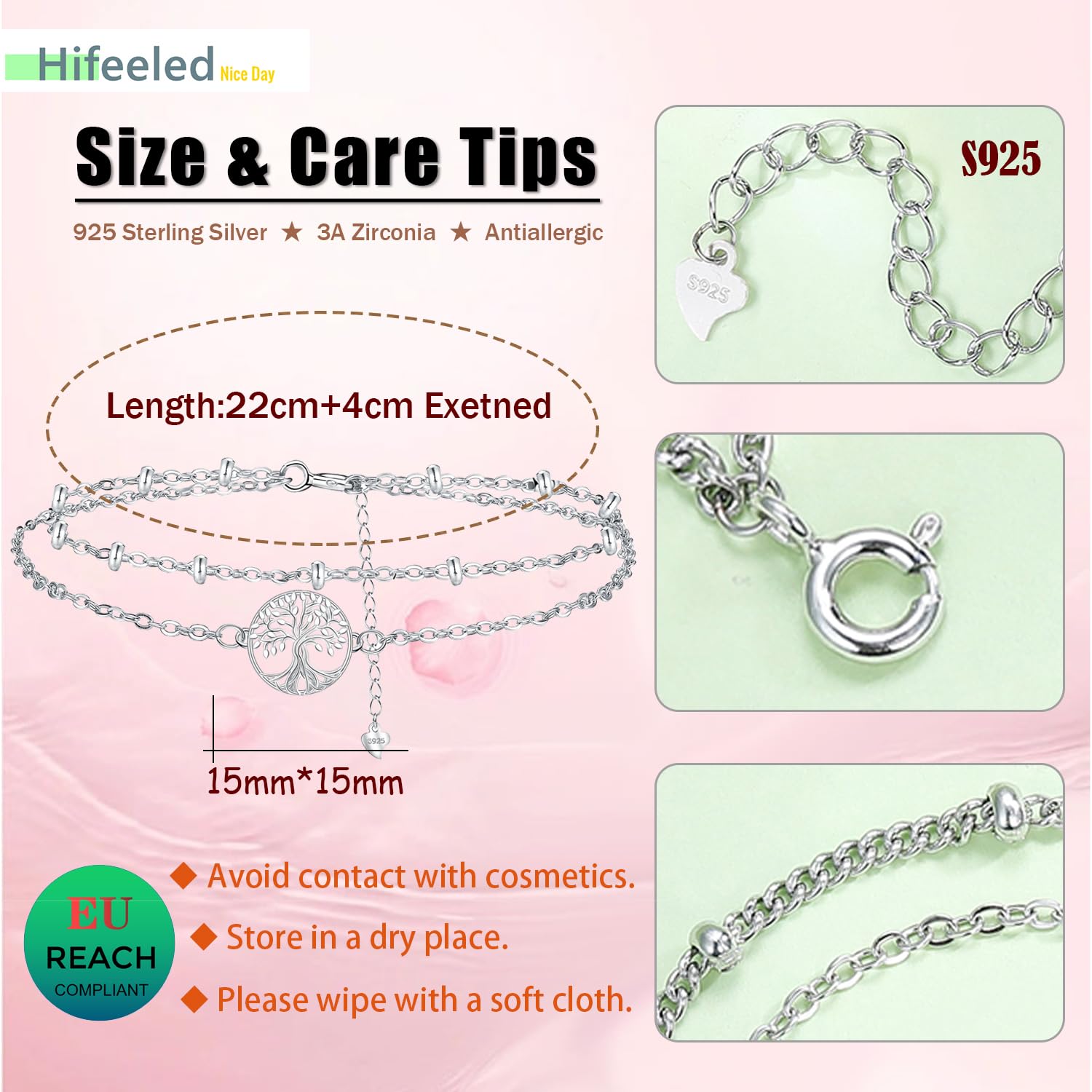 Tobilleras Plata de Ley 925 para Mujer Pulseras de Tobilleras Verano Descalzo Playa Cadena - Ajustable [22cm+4]