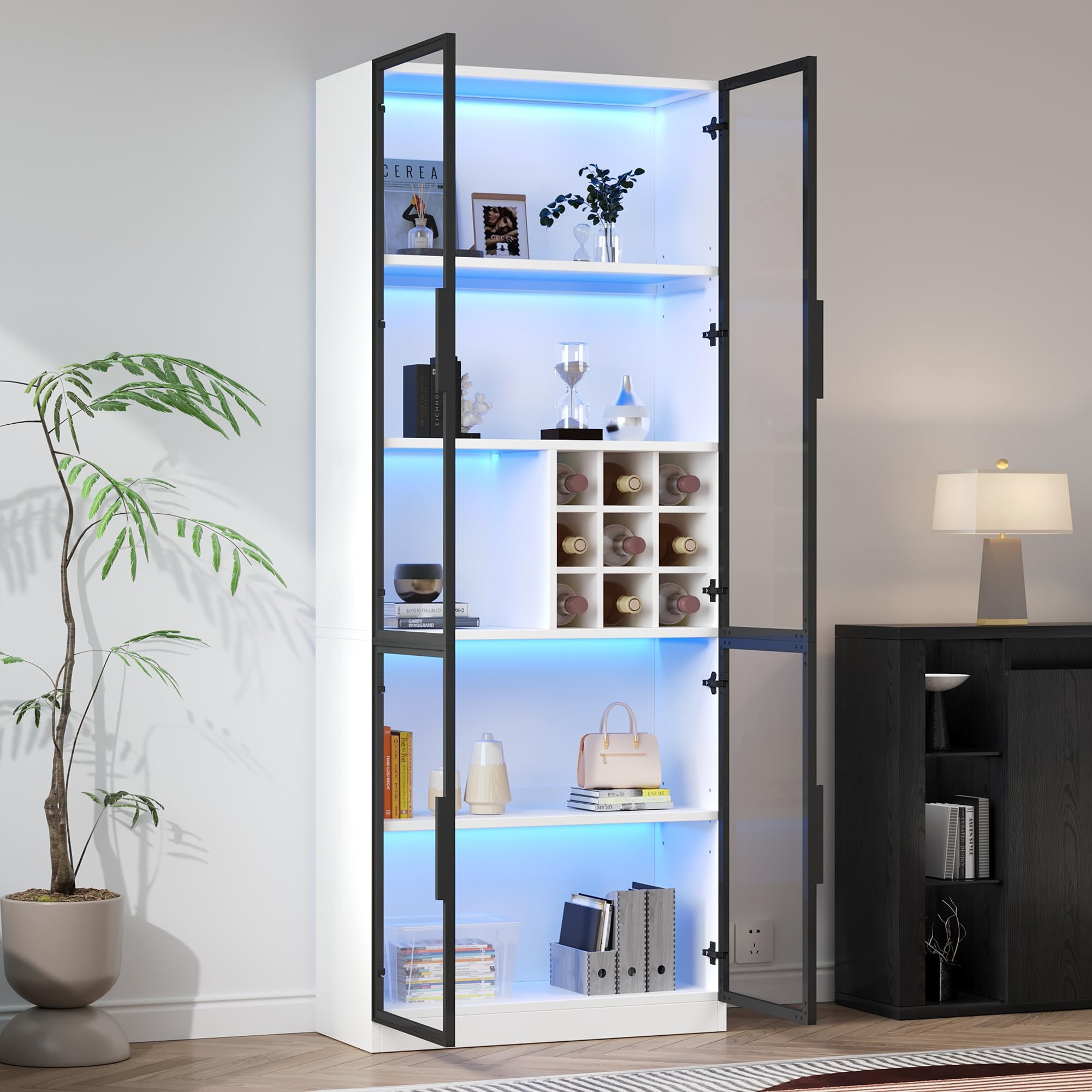Kebnor Vetrina in Vetro con LED, Armadio Alto, Libreria, Vetrina per Vino, Elegante Credenza con Doppie Porte, Scaffale in Vetro e Supporto per Vino, 80 x 35 x 200 cm, Bianco
