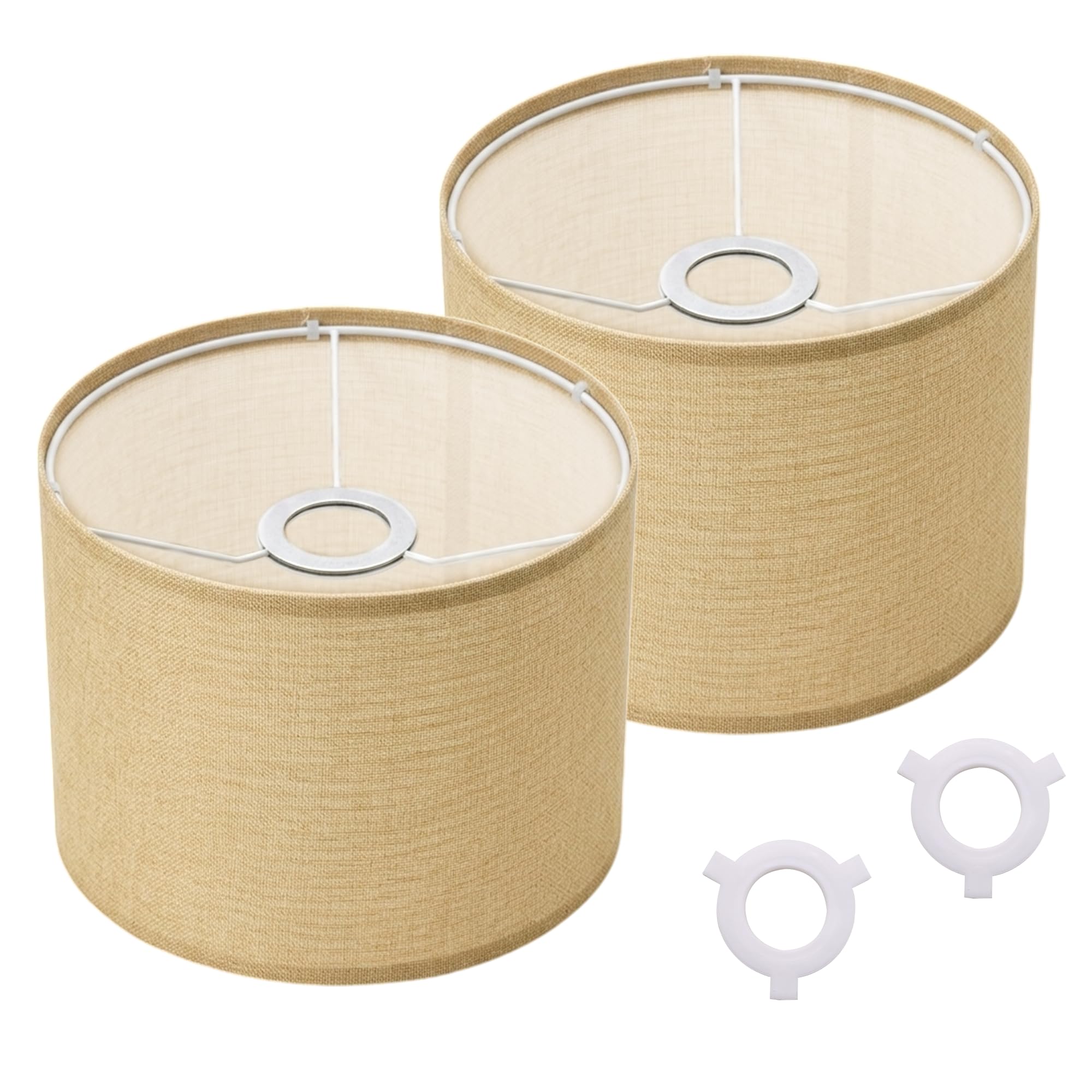 Set of 2 Beige Linen Blend Drum Lampshades, 20cm Diameter x 15cm Height, Replacement Lampshades with Spider Fitting and E14 Reducer Ring, for Bedside Table Lamps or Pendant Lights (Assembly Required)