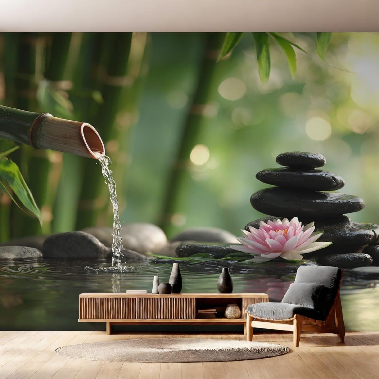Carta da parati per meditazione, nera e verde, per camera da letto, pace, spa, loto, zen, pietra, con foto, soggiorno, carta da parati in tessuto non tessuto, decorazione murale, motivo, 400 cm x 280