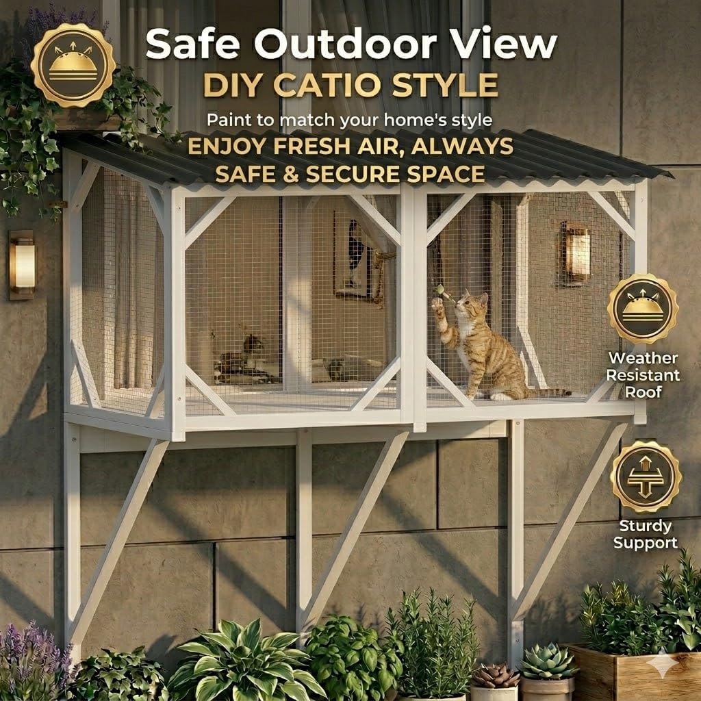 43.3" Wooden Window Catio – Outdoor Cat Enclosure with Solid Wood Frame, Large Window Perch for Indoor Cats, Balcony Cat House for Sunbathing, Bird Watching & Relaxing, White