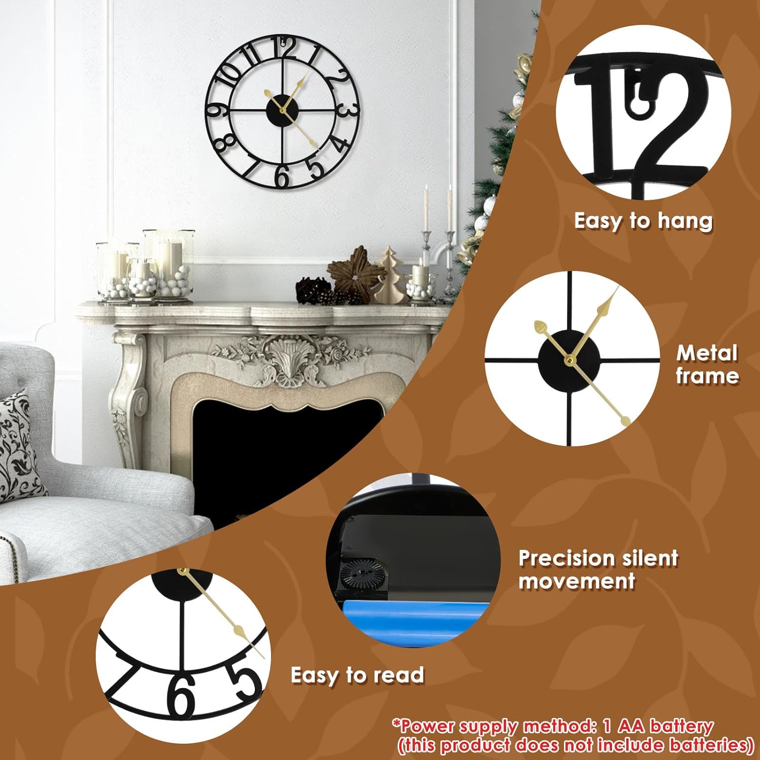 Large Wall Clock, 16 Inch Round Silent Wall Clocks Non Ticking, Battery Operated Wall Clock, Vintage Rustic Iron Wall Clock Decorative Clock for Home Living Room Bedroom Kitchen Decoration (Black)
