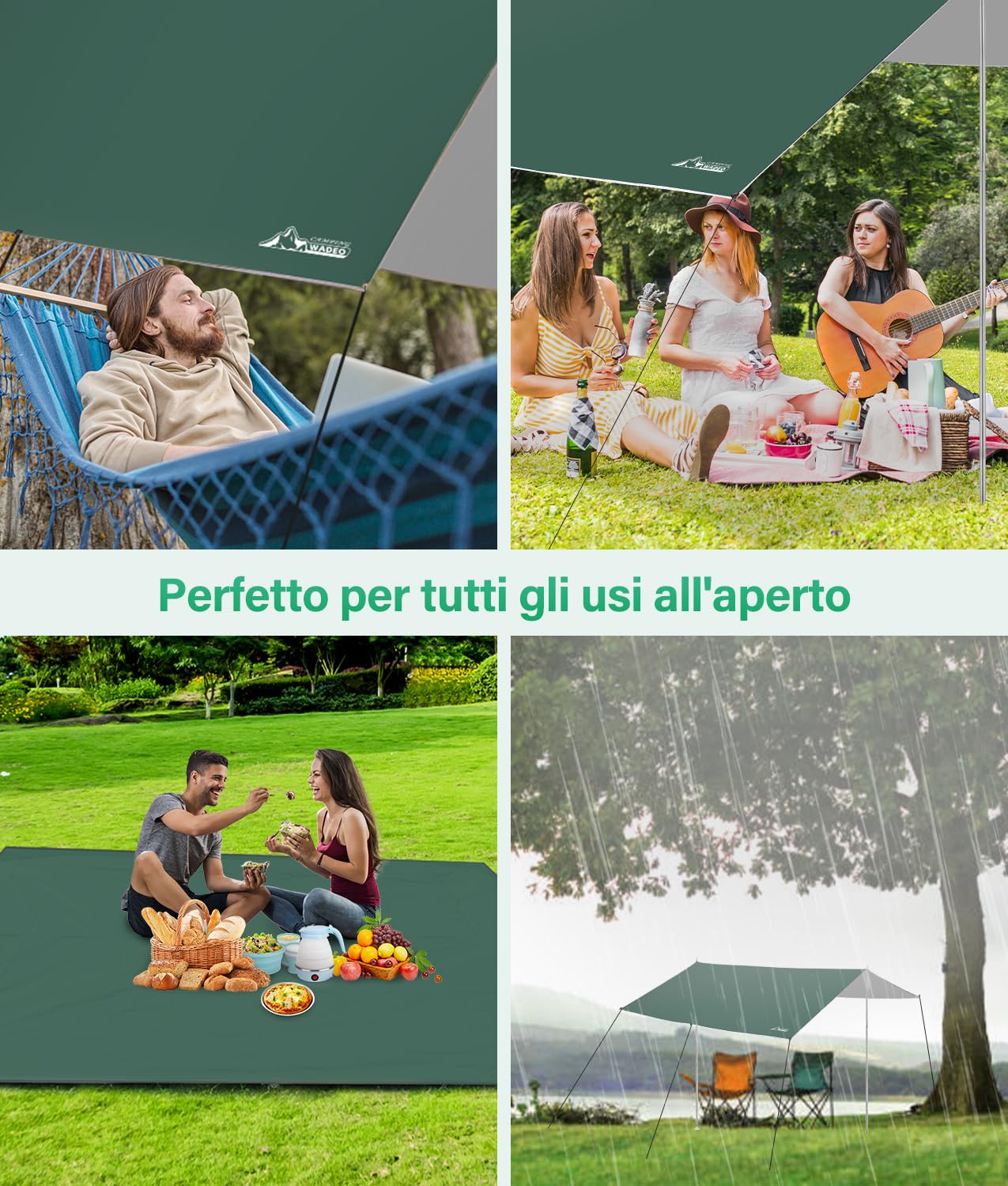 WADEO Kit Telo Copertura con Pali, [3x3M] Impermeabile e Resistente, Protezione UV, Telo da Sole e Pioggia per Shelter, Ideale per Campeggio, Picnic, Spiaggia, Festival, Giardino