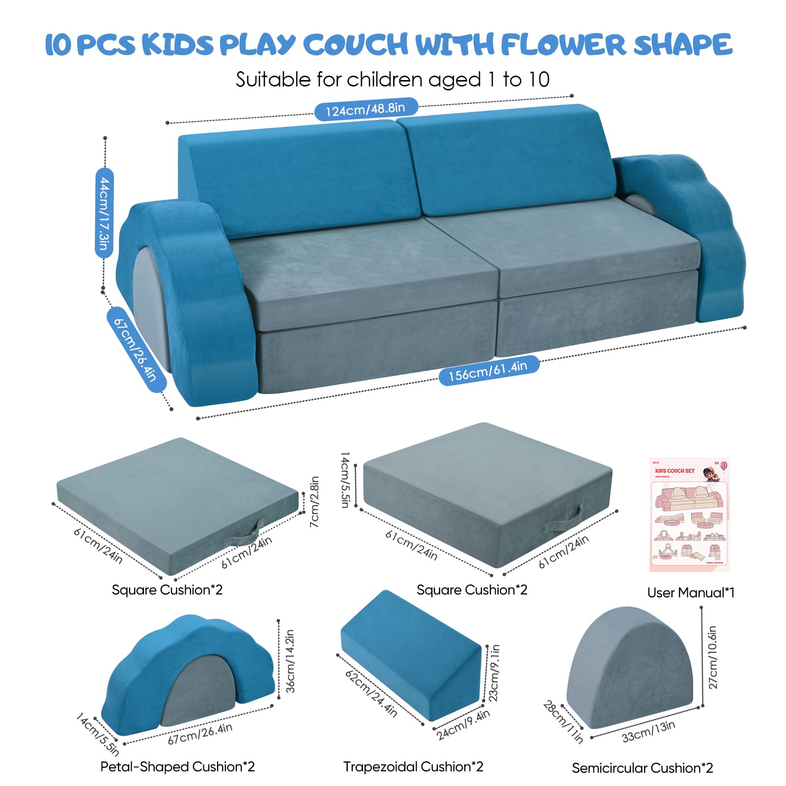 10-teiliges Modulares Spielsofa Grau-Blau, DIY Kindercouch mit Blumenform & Leuchteffekt, Waschbarer Bezug, Umwandelbar zum Spielen & Entspannen für Kinderzimmer