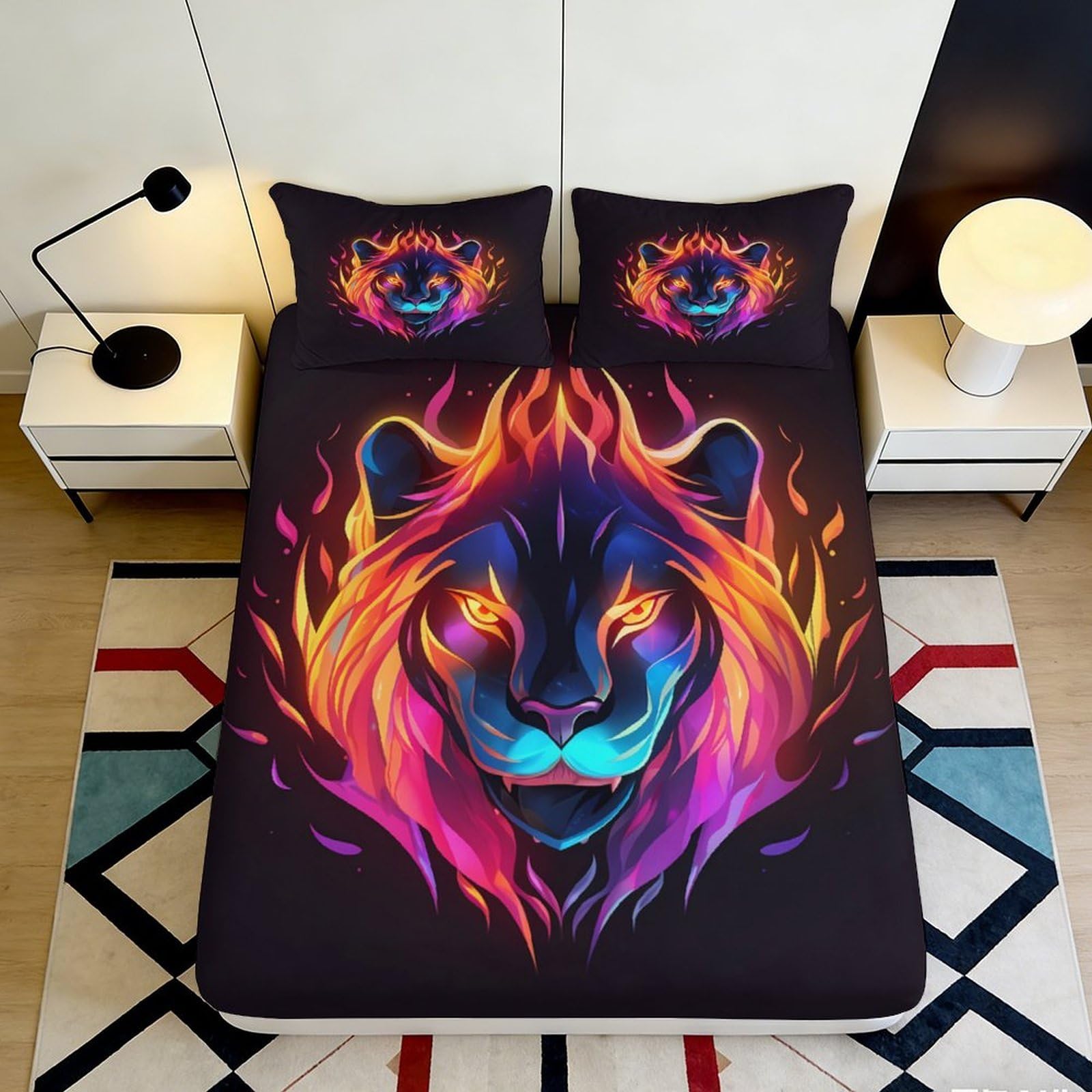 3D Printed Neon Lion Fitted Sheet Microfiber Soft Multicolor Fire Bed Sheet for Bedroom Dorm Decorative Mattress Cover 90x200x25cm