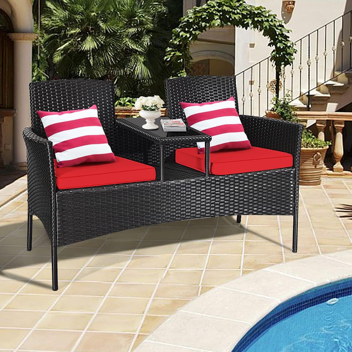DORTALA Outdoor Patio Loveseat, Wicker Conversation Set with Cushions and Built-in Coffee Table, 2 Person Rattan Seating for Garden Lawn Backyard, Black+Red