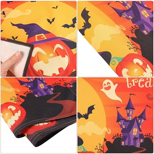 Miniatura 9 de HEMOTON Juego de 4 manteles individuales de Halloween, 12 x 18 pulgadas, diseño de castillo de murciélago, fantasma, calabaza, manteles individuales