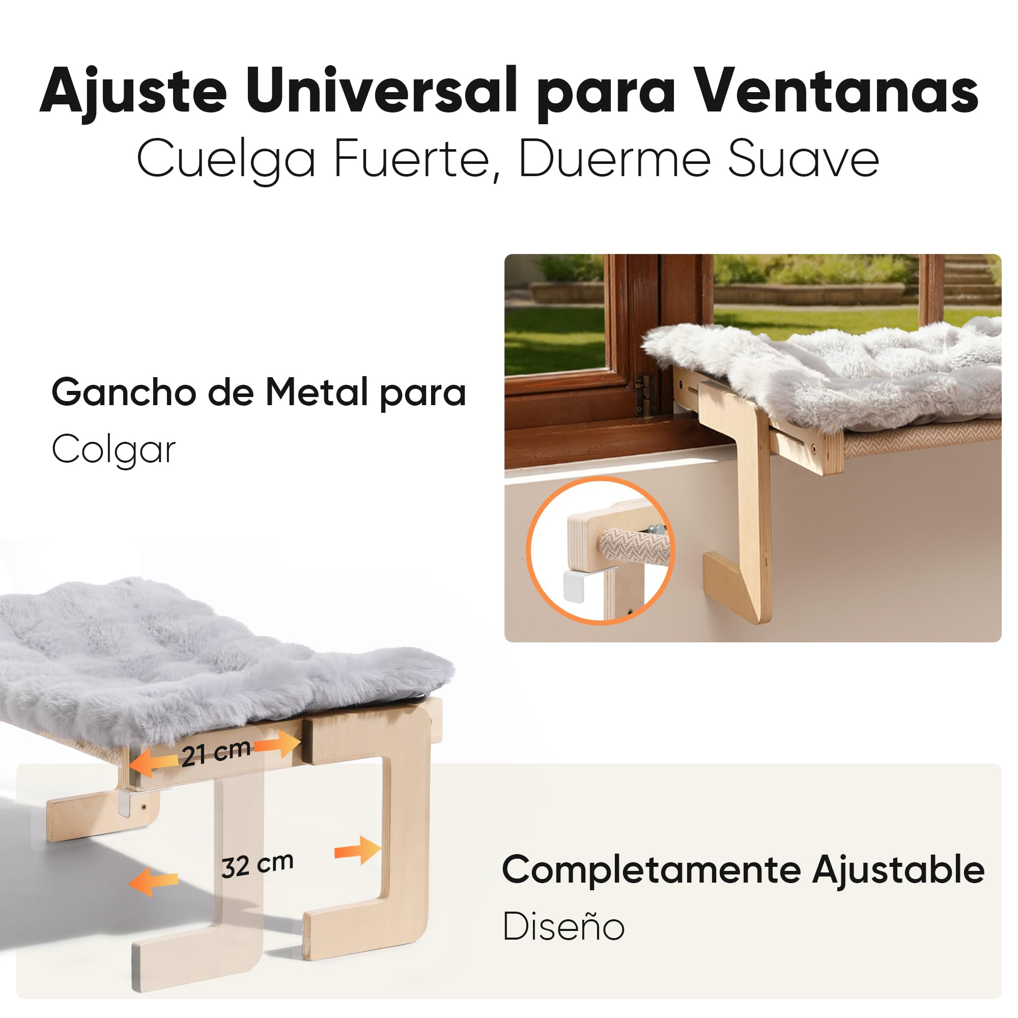 FUKUMARU Hamaca para Gatos Ventana Cama para Gatos Repisa, con cojín Suave, Estructura Reforzada de Madera y Metal, Hamaca Convertible. Soporta hasta 20kg