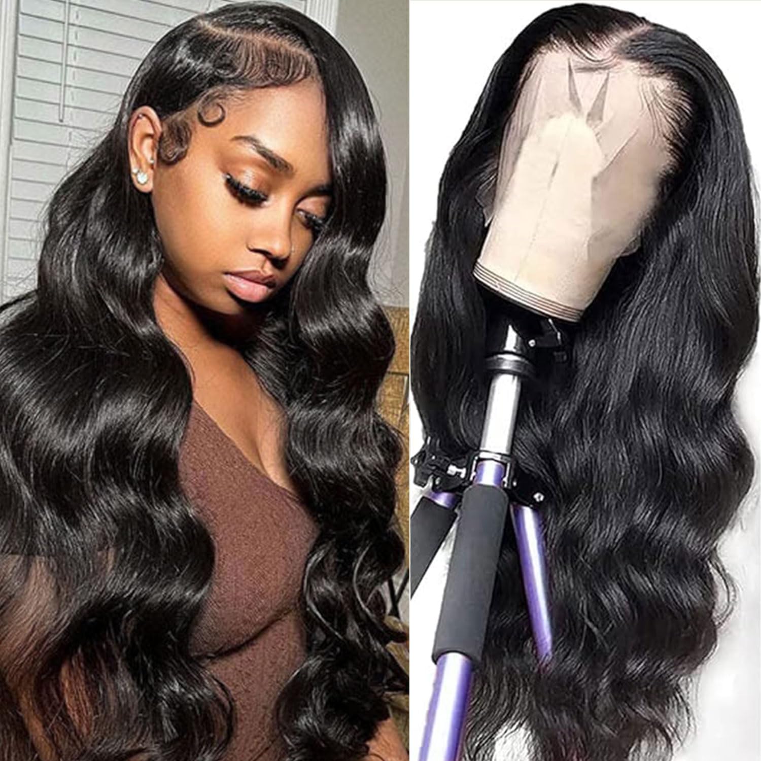 Wepwcod 13X4 Lace Front Wigs Human Hair Body Wave Human Hair Wig HD Lace Frontal Glueless Wigs Human Hair Pre Plucked Bleached Knots with Baby Hair Natural Black (Natural Color Body Wig