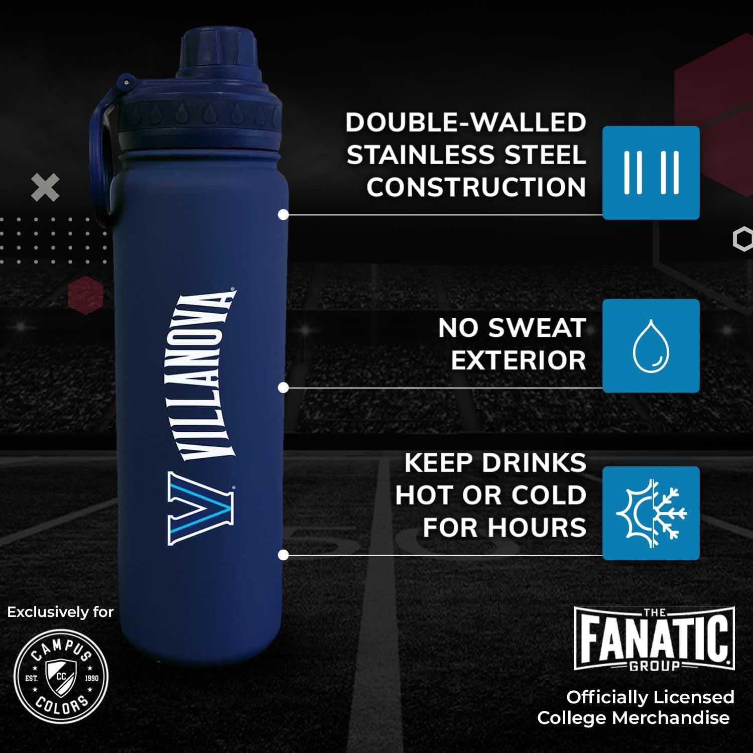 Campus Colors NCAA Stainless Steel Water Bottle - Twist on cap - 24 oz - Carry Clip - Keeps Your Drinks Hot or Cold for Hours (Villanova Wildcats - Navy)