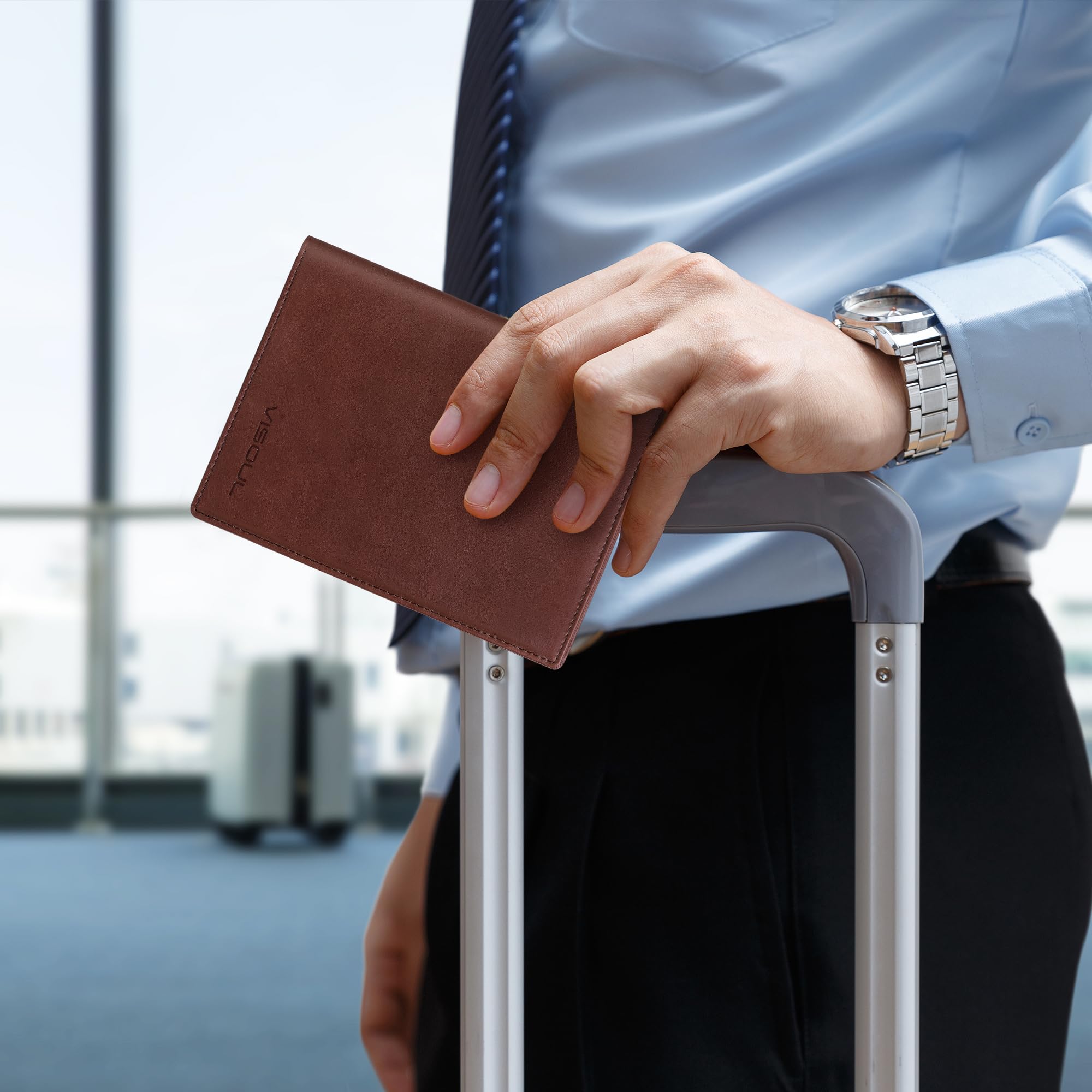 VISOUL Portafoglio da viaggio in pelle con porta passaporto, portafoglio con blocco RFID, per uomini e donne, Marrone