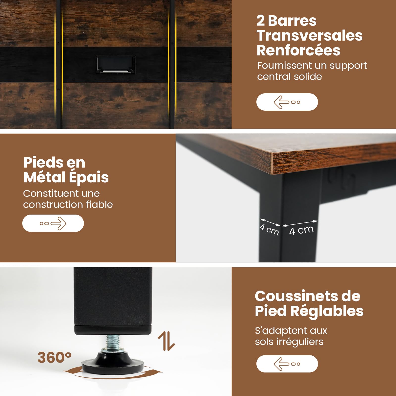 COSTWAY Table de Conférence180 x 90 cm, Table de Réunion pour 8-10 Personnes, Rectangulaire avec Passe-câble pour Salle de Réunion, Bureau, Salle à Manger, Marron Rustique