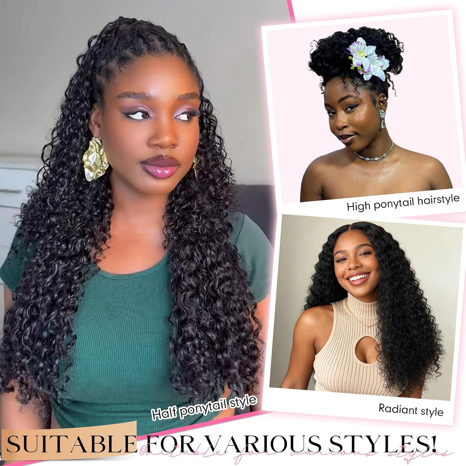Miracle Knots Feather Crochet Hair (Deep Wave) - 14" Hand-Tied Synthetic Extensions, 100 Strands Soft Cotton Core Glue-Free Knotless Hair Pieces (Natural Black)
