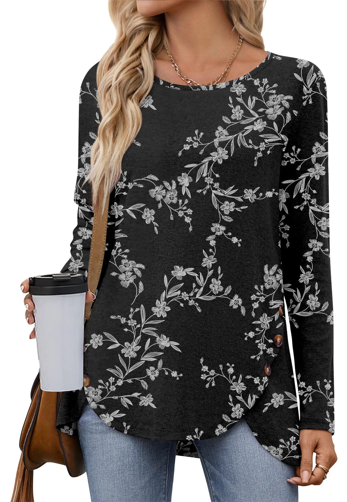 POPYOUNG 2025 Womens Fall Winter Casual Long Sleeve Tunic Tops for Leggings Ladies Both Side Buttons Blouse