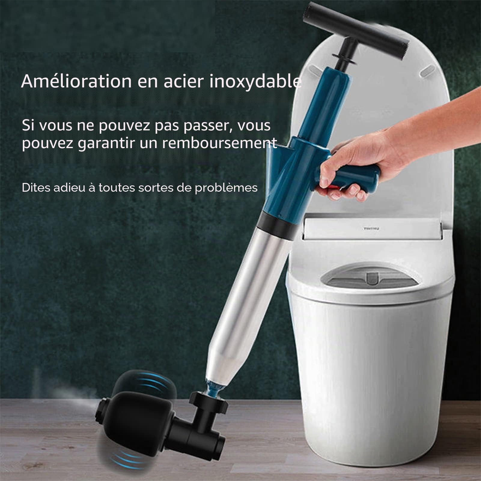 Déboucheur WC 5-en-1 à Air Comprimé | Ventouse Haute Pression pour Toilette/Lavabo/Baignoire | Anti-Bouchons Cheveux/Papier | Kit Pro avec Spirale (Bleu)