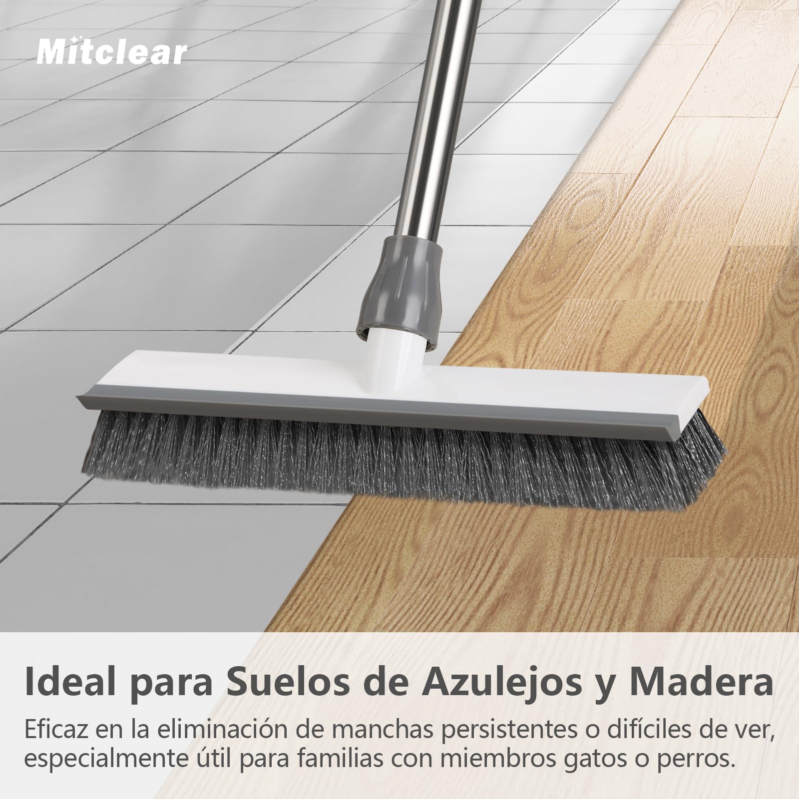 Mitclear Cepillo de Limpieza de Suelo con Mango Largo(128cm), 2-en-1 Escobilla de Cerdas Rígidas con Escobilla de Goma para Limpiar Azulejos, Pavimento in Legno, Cocina, Baño, Terraza, Patio, Garaje