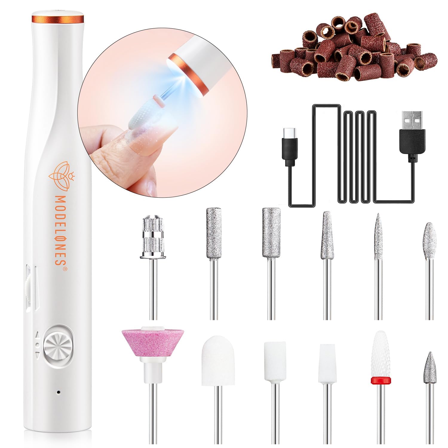 modelones Torno para Uñas Profesional, 12 en 1 Lima ElectricaUuñas 22000RPM, Nail Drill Recargable USB con Luz de La Punta, Broca Unhas, Velocidad Ajustable Set de Manicura y Pedicura para Salón DIY