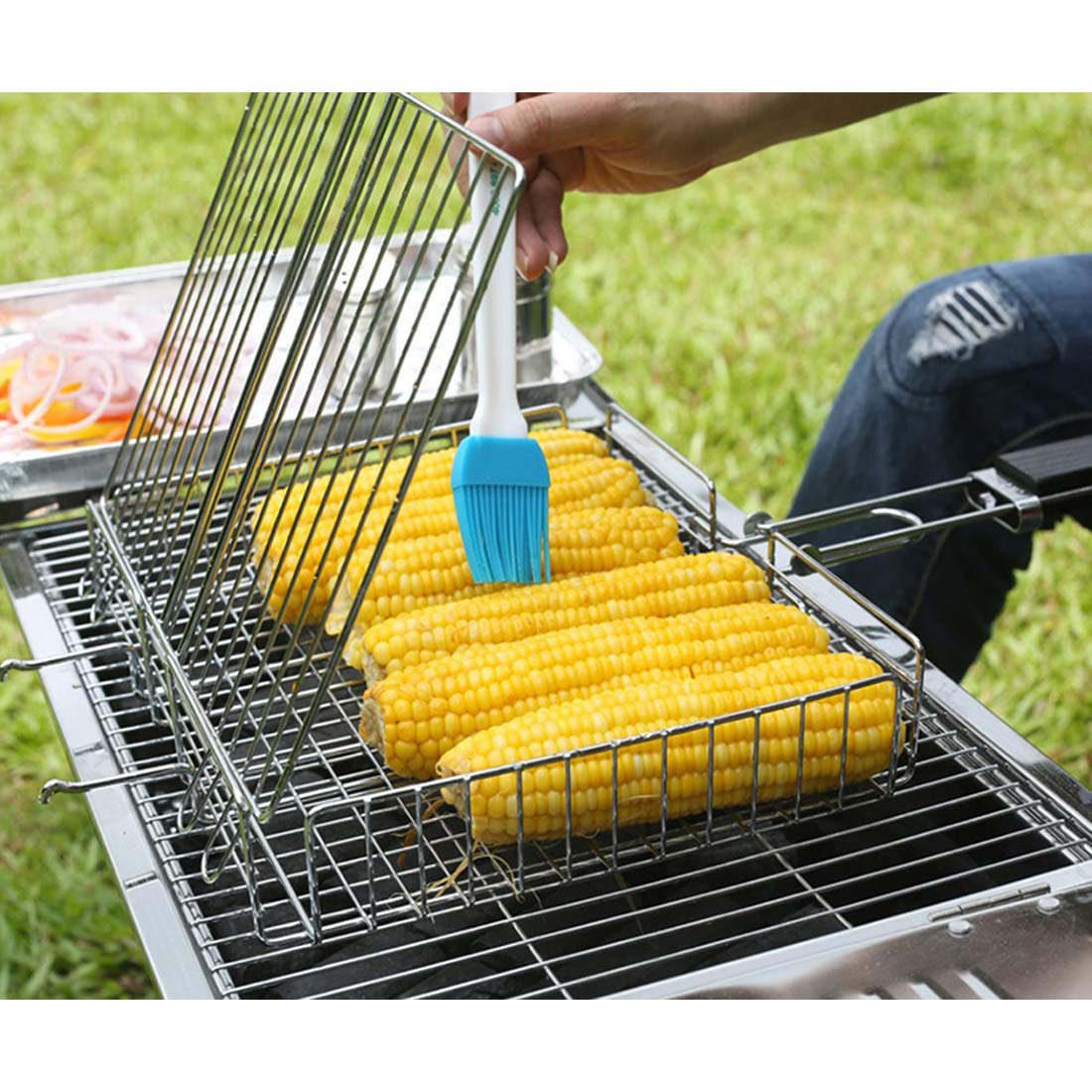 RWRAPS Cestello per grigliate per Barbecue, Cestello per griglia per Barbecue Portatile Pieghevole in Acciaio Inossidabile per Pesce arrosto Verdure Bistecca di gamberi, con Custodia, 31X25x5,5 cm