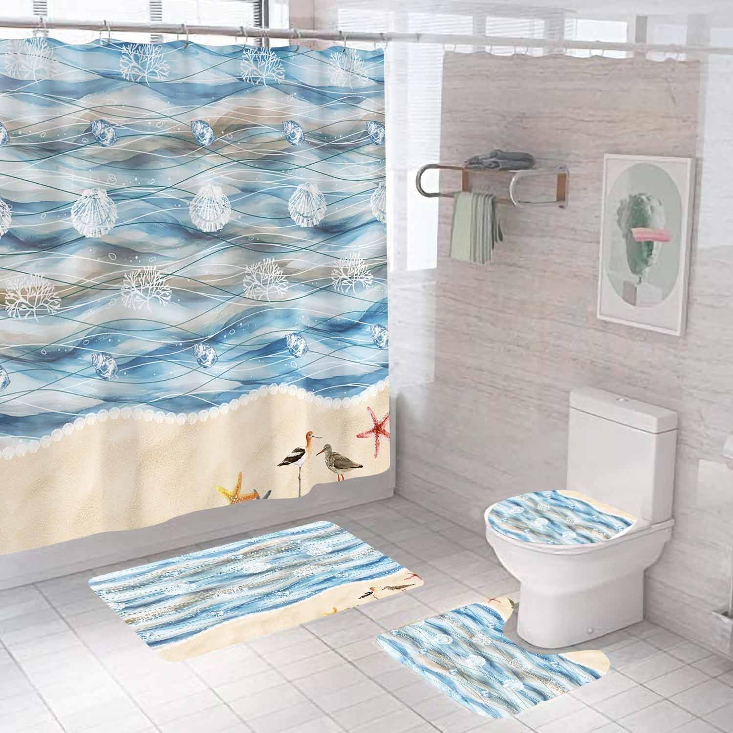 4PCS Blue Sea Turtle Shower Curtain Sets with Rugs, Waterproof Fabric Shower Curtain, Positive Inspirational Quotes Ocean Sea Underwater Starfish Seashell Nautical Coastal Beach Bathroom Decor