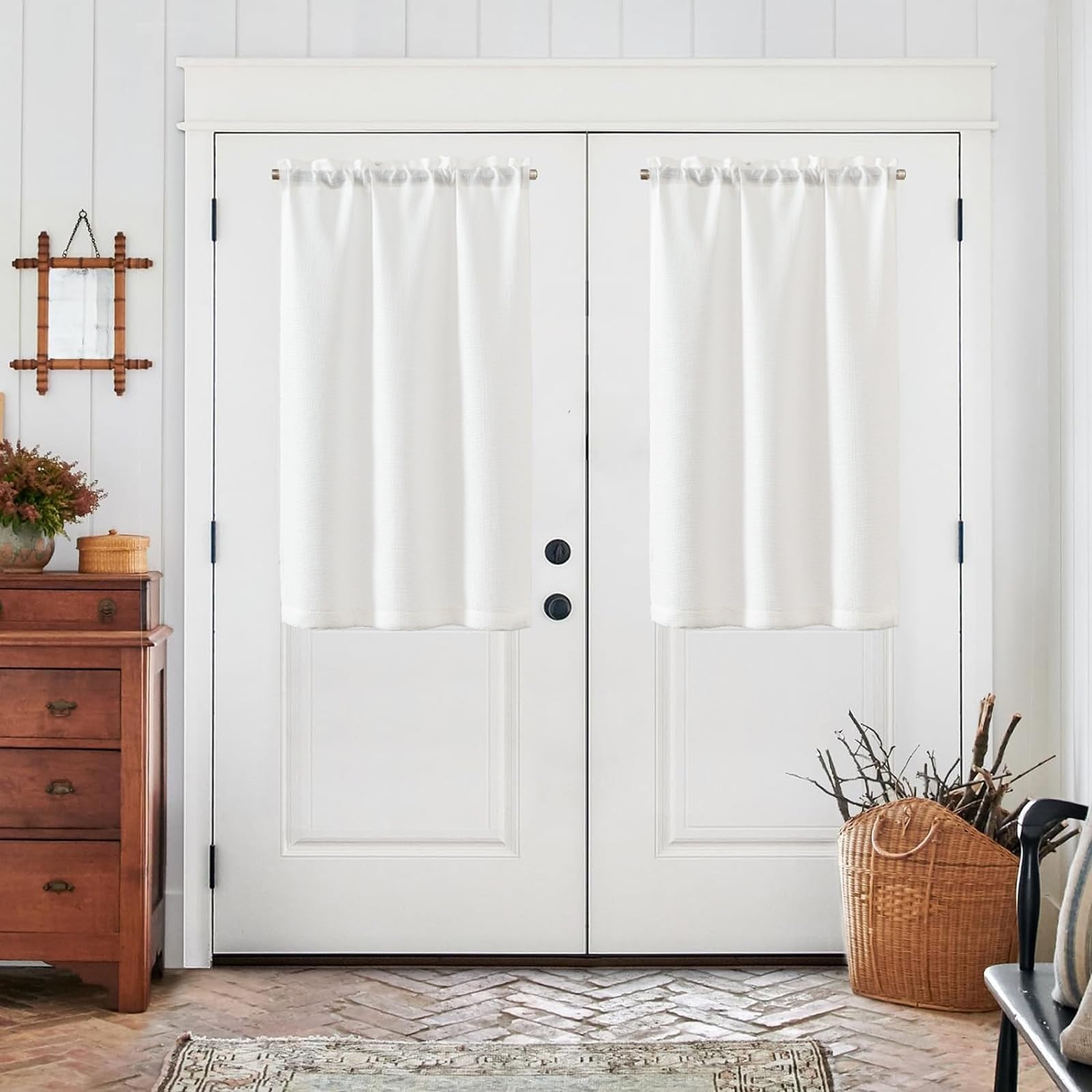 TOPICK Tende Passante tenda da bistrot porta finestra balcone stile country roulotte 2 pezzi corte Filtro della luce rustiche soggiorno doccia tenda per interni 90L x 90A cm, Bianco