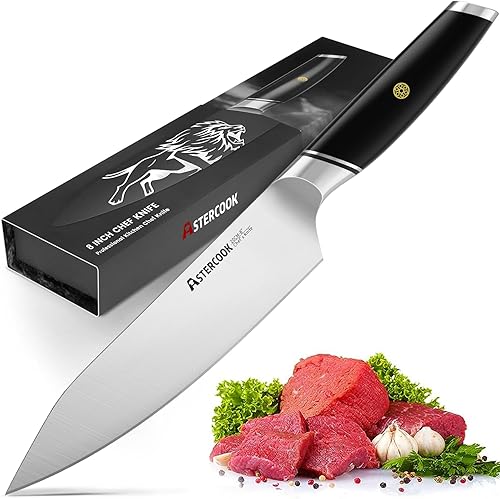 Astercook Cuchillo de chef profesional de 8 pulgadas, mango de ABS, apto para lavavajillas, acero inoxidable alemán de alto carbono, ultra afilado,