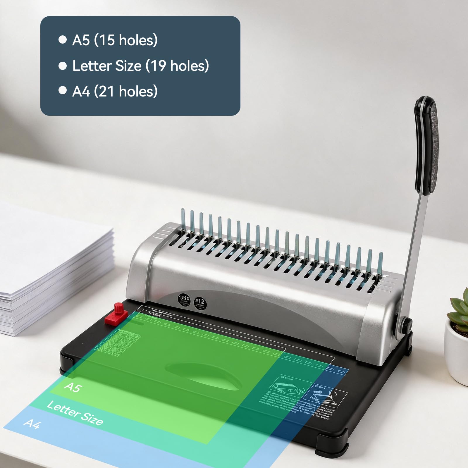 Rilegatrice a Pettine 21 Fori per Rilegatura Fogli A4/A5 | Capacità 450 Fogli, Perforazione fino a 12 Fogli, con 100 Dorsi da 10 mm, Rilegatrice Spirale per Ufficio Scuola Casa