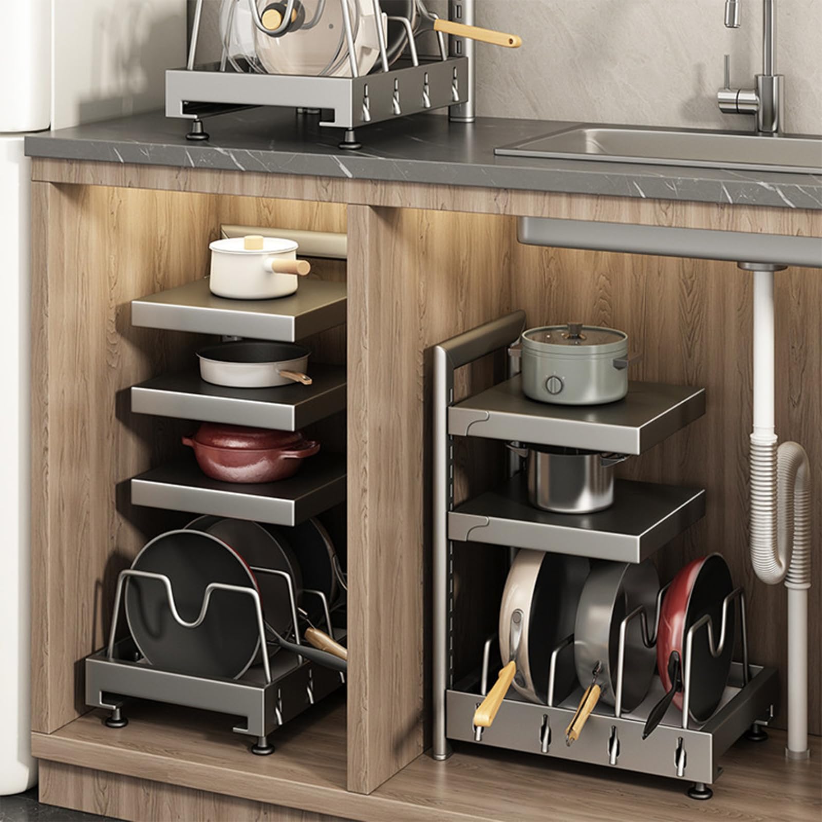 Organizador Bajo Lavabo Ajustable, Estante de Almacenamiento con Alta Capacidad de Carga y Diseño Resistente para Cocina y Baño White S