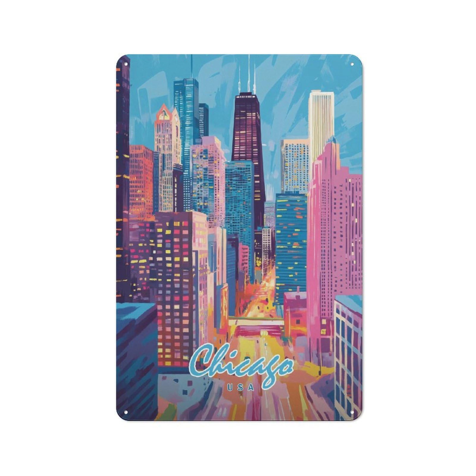 Junmoney Style-19 Chicago Skyline Art Print Retro-Style Tin Sign 30X20cm For Guest Room Or Hallway, A Christmas Gift For People Styling Guest Room And Hallway