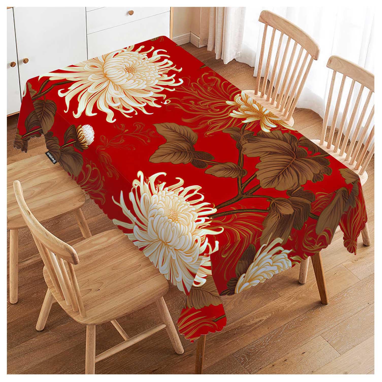 FJQWKLF Japanese Flower Table Cover Retro Blossom Chrysanthemum 50x72 Inch Table Cloth for Rectangle Tables Buffet Parties Coffee BBQ and Dinning Tablecloth, Golden Red