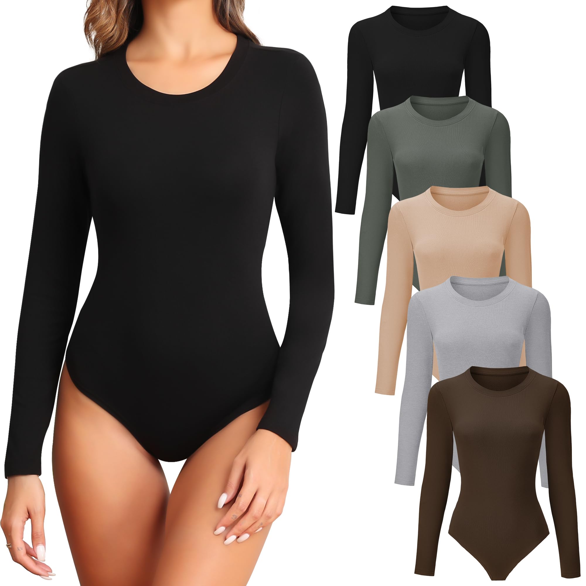 TVKSOM 4/5 Pack Long Sleeve Bodysuit for Women Round Neck Casual Basic Stretchy Body Suits Tops