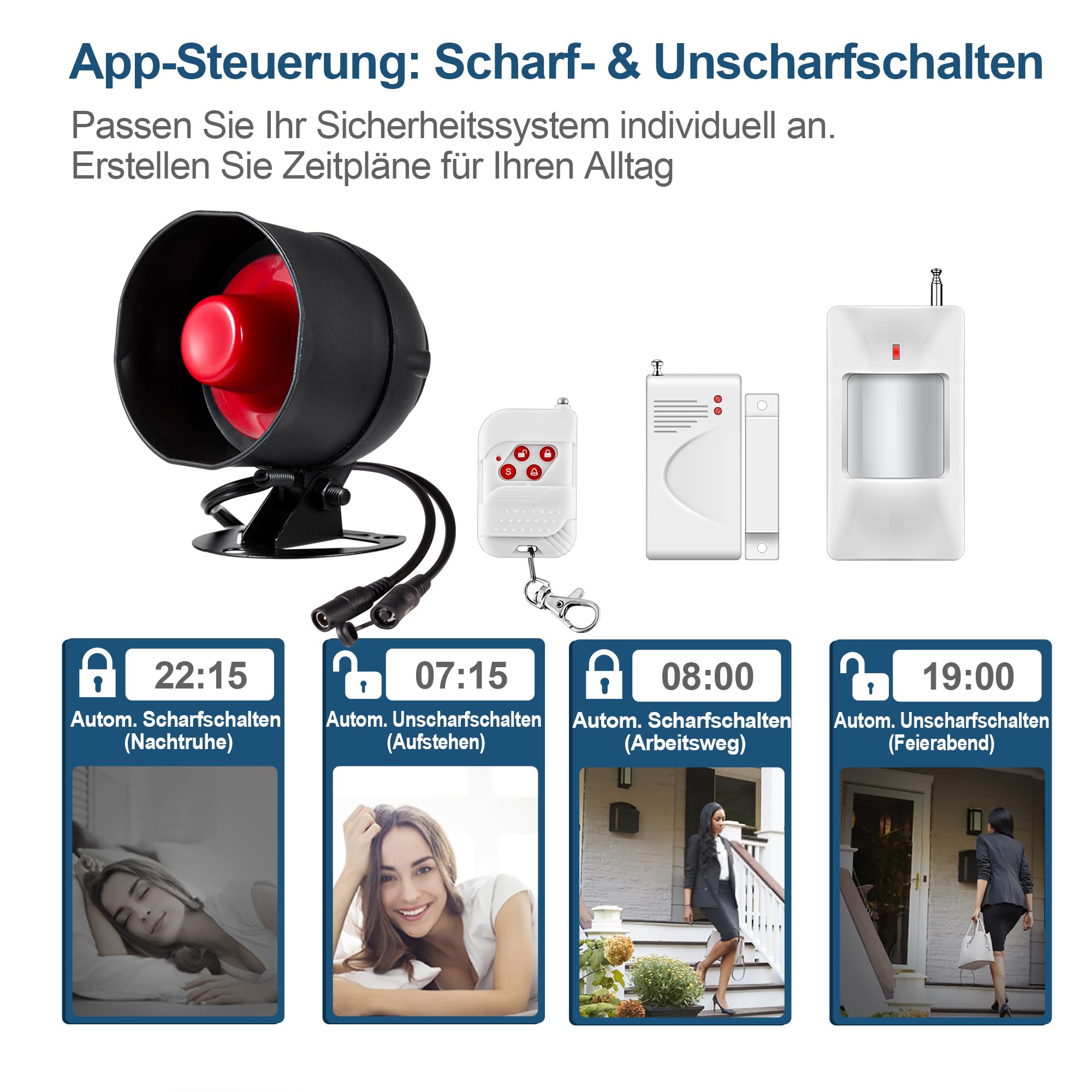 WiFi Alarmanlagen-Set inklusive 115 dB Sirene, Bewegungsdetektor und Tür-/Fenstersensoren(5er-Pack), gesteuert per Fernbedienung für Geschäfte, Lager und Wohnbereiche