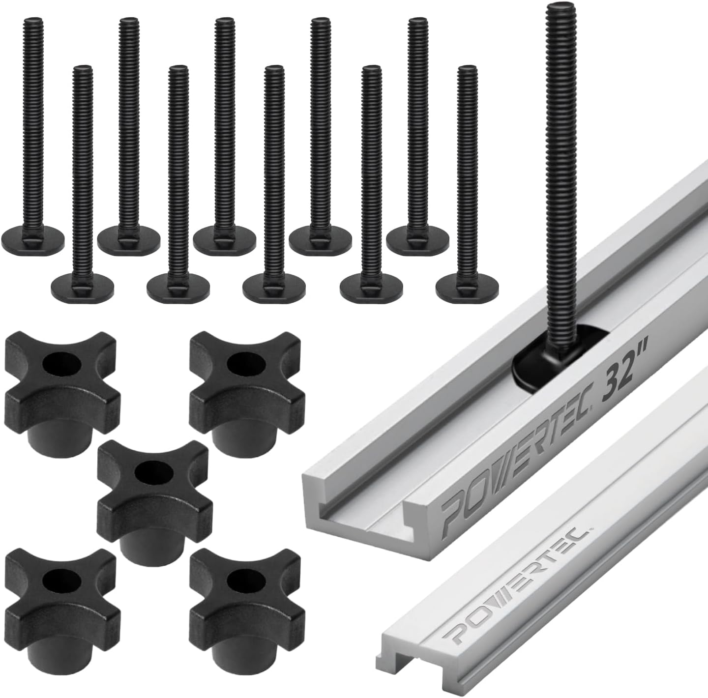 POWERTEC 32" Table Saw Miter T-Track Kit – Includes T-Bar, 5pcs T Knobs & 10pcs 5/16"-18, 3" Long Miter T Slot Bolts | Miter T Track Accessories for Table Saw & Router Table (72196)