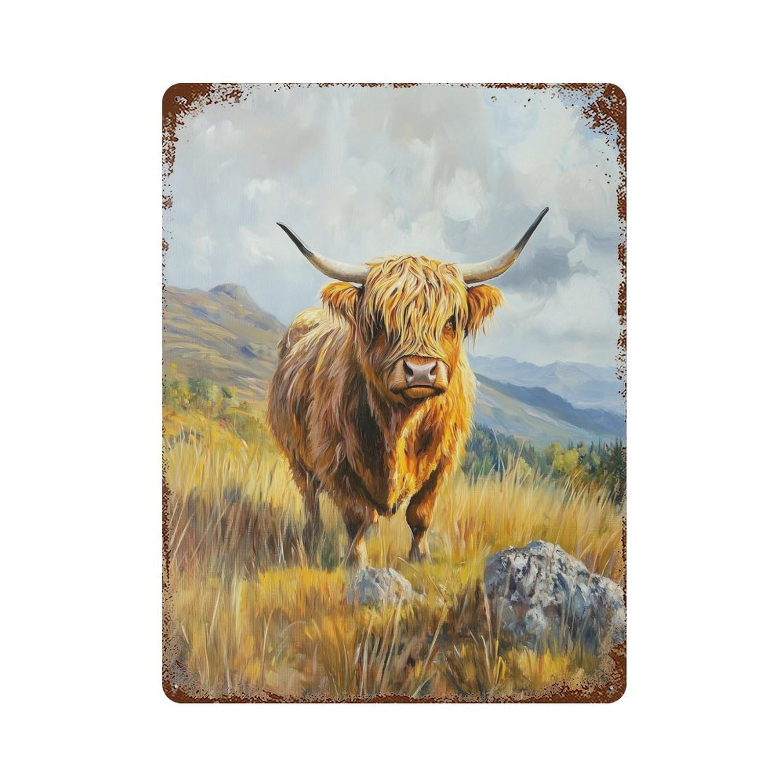 Scottish Highland Cow Painting-3 Rust Effect Tin Sign 15.7"x11.8", for Farmhouse, Kitchen And Entryway Decor, Decorative Metal Wall Art