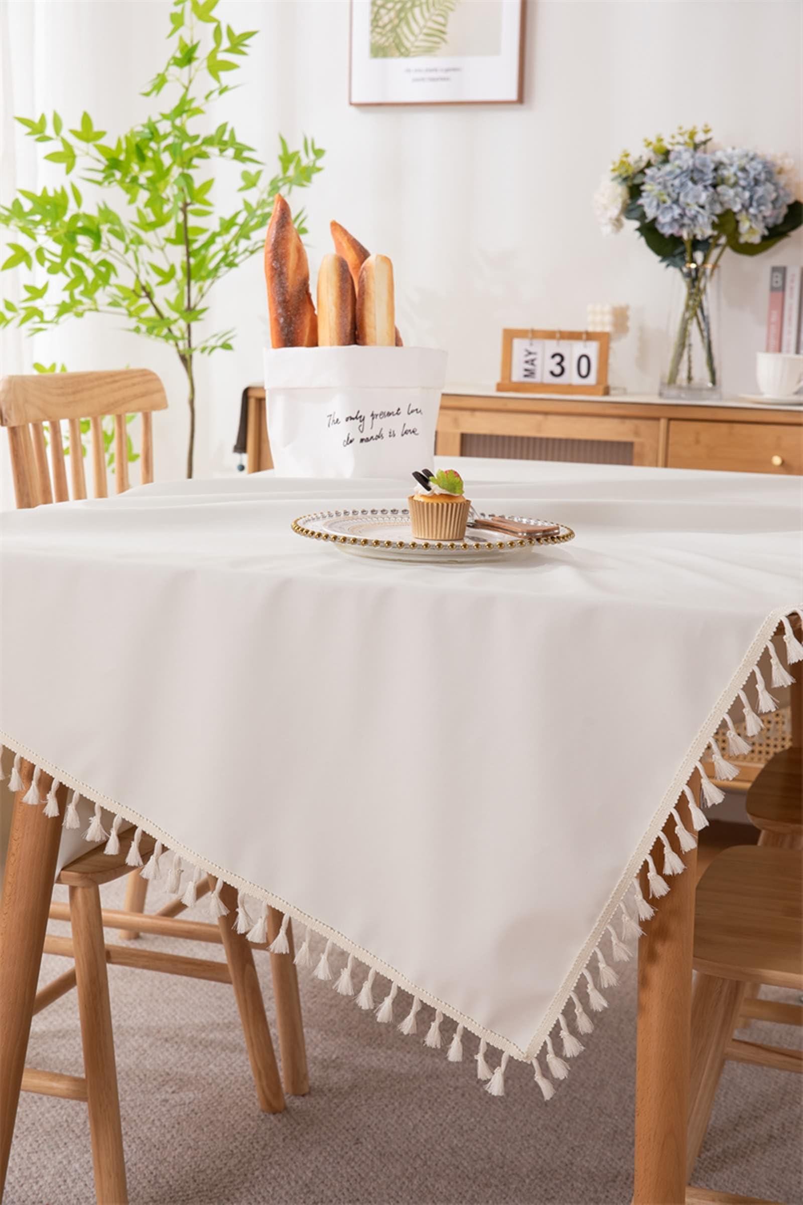 Daesar - Manteles Rectangulares Restaurante,Mantel de PVC Antimanchas Color Sólido con Borlas Mantel Blanco Antimanchas,150x220CM(87x59Inch)
