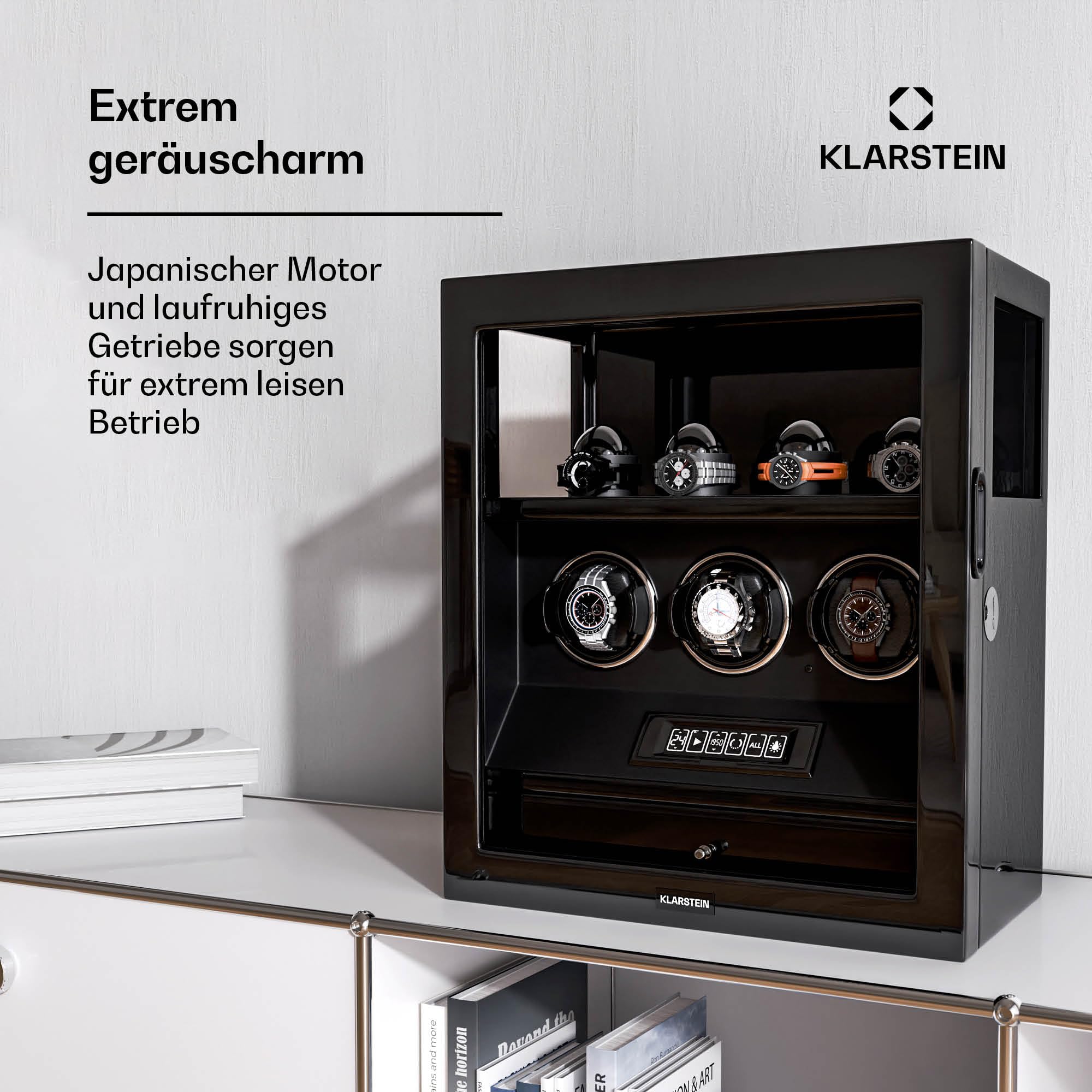Klarstein SecureTouch Uhrenbeweger für 7 Uhren – Automatik mit Fingerabdruckschloss, leisem Japanischem Motor, LCD-Display & Fernbedienung, 41 TPD-Einstellungen, LED-Beleuchtung & Schmuckschublade