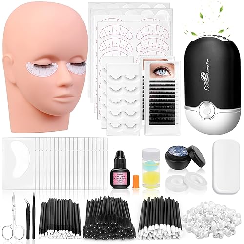 Eyelash Lashes Extension Kit, 442 PCS Lash Extension Supplies with Lash Mannequin Head, Individual Eyelash Kit, Fan, Lash Remover, Eyelash Extension Glue, Lash Tool Kits for Beginner Practice Graft