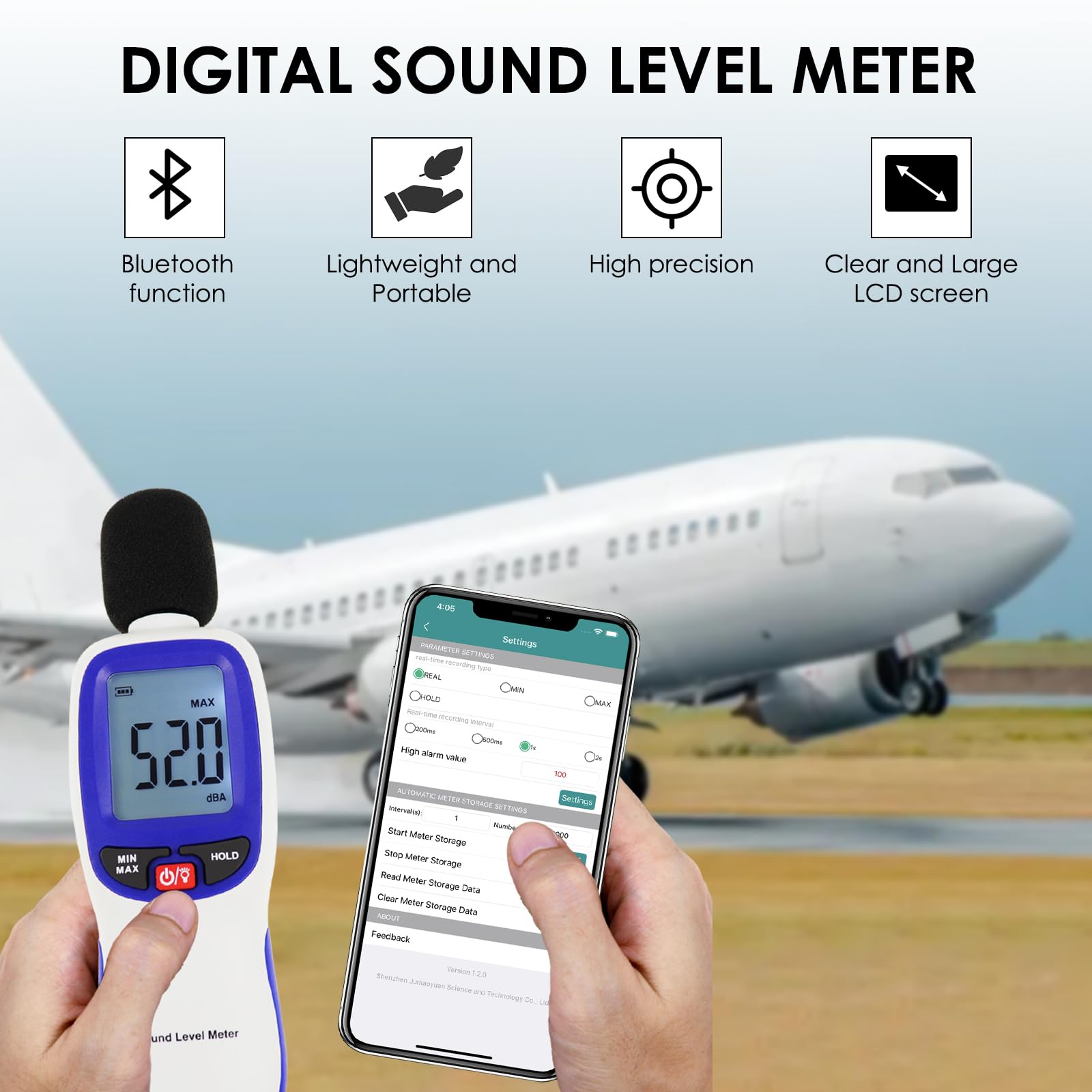 Digital Schallpegelmesser, Schallpegelmessgerät mit Bluetooth-fähiges, Dezibel Messgerät 30~130dBA Bereich MAX/MIN Datenhold mit LCD-Display und Hintergrundbeleuchtung für Zuhause, Schule