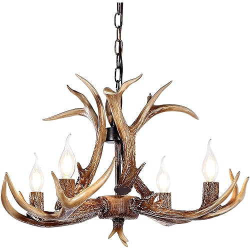 OLHAPZP Antler Chandelier Lighting Deer Lamp Vintage Rustic Farmhouse Chandelier Light Fixture for Dining Room Kitchen Island Bedroom Entryway Foyer(4 Lights, Brown)