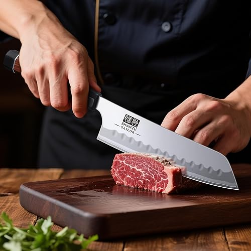 Miniatura 5 de SHAN ZU Cuchillo de chef japonés de 7 pulgadas, 9 capas 10Cr15MoV cuchillo de cocina profesional de acero de alto carbono, cuchillo de cocina