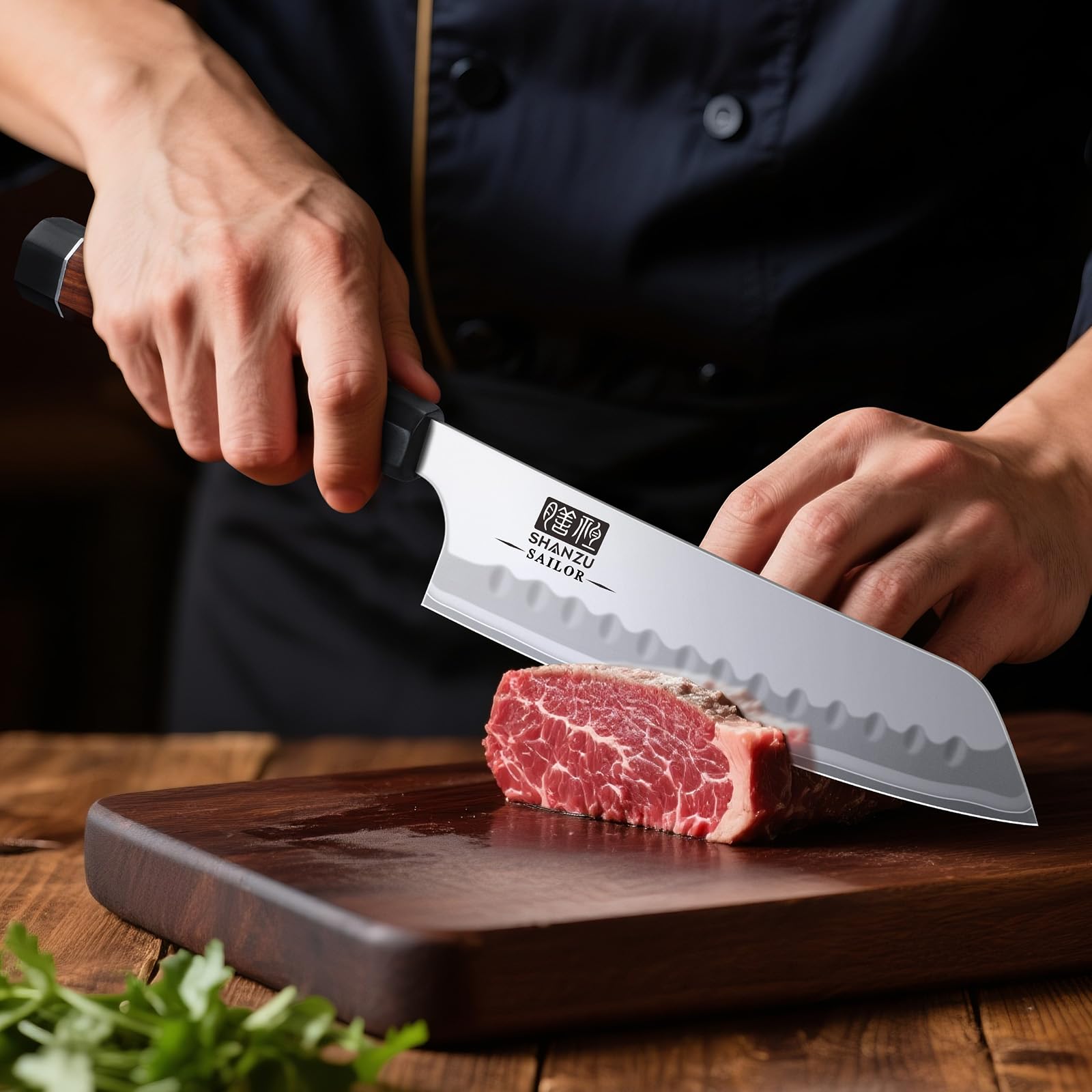 SHAN ZU 7 Inch Japanese Santoku Knife, 9 Layers 10Cr15MoV High Carbon Steel — Amazon image 5