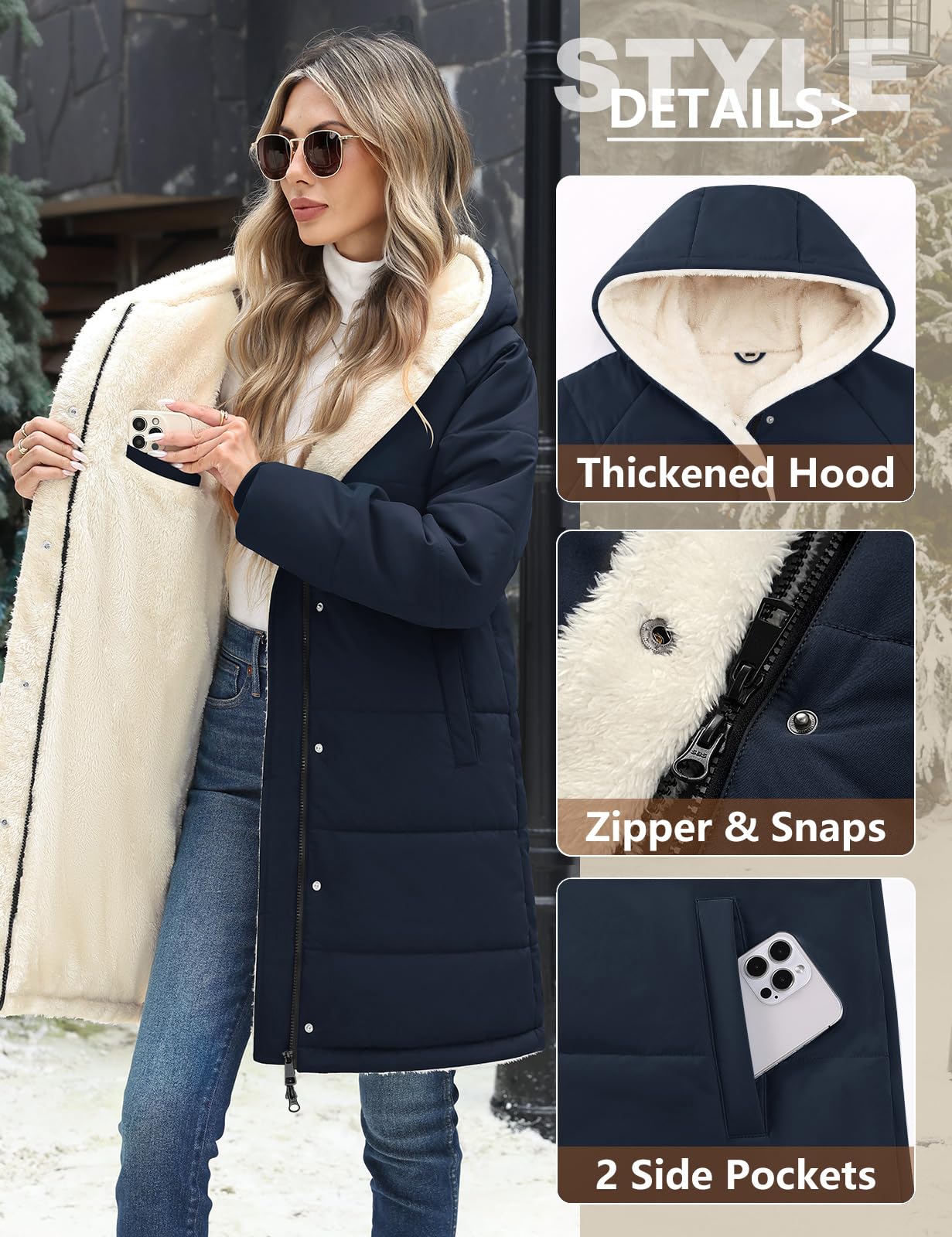 Vancavoo Abrigo de Invierno Mujer Medio Largo Acolchado Chaqueta Parka | Repelente al Agua, Forro Polar Cálido, Capucha Fija, Cremallera, Botones a Presión y Bolsillos Laterales