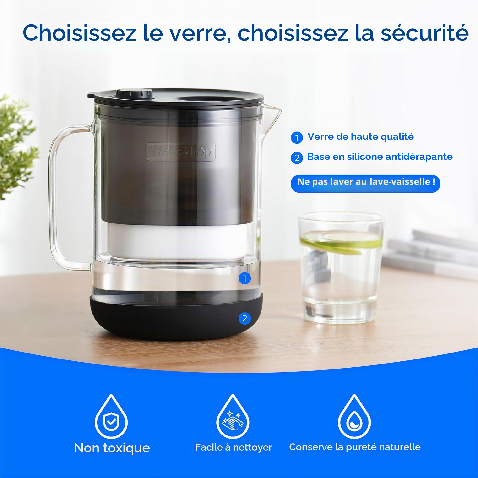 Waterdrop Carafe Filtrante en Verre de 2,5L avec Filtre de 2 Mois, Certifié NSF 53&42&372, Réduit les PFOA/SPFOS, Chlore, Cadmium, Cuivre, Mercure, WD-PT-72B