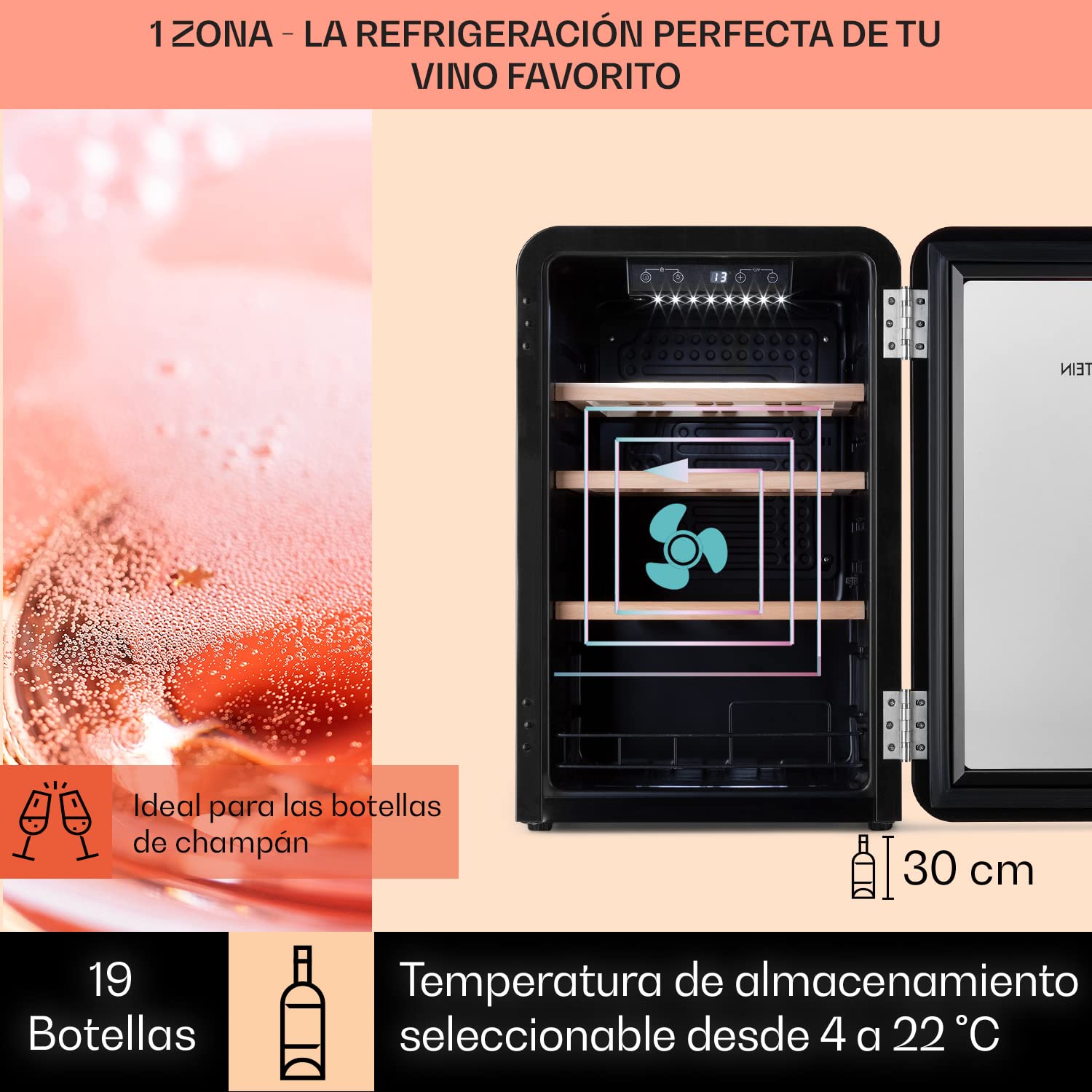 KLARSTEIN Vinoteca 19 Botellas, Nevera Vinos, Una Zona de Refrigeración, Nevera Expositora Vino y Cerveza, Vinoteca Interior y Exterior con Puerta de Cristal, Nevera Vino con Protección UV, 4-22°C